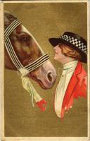 1922 Lady with horse, jockey. Italian golden art postcard. Anna & Gasparini 116-3. unsigned Corbella (EK)