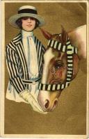 1922 Lady with horse, jockey. Italian golden art postcard. Anna & Gasparini 116-2. unsigned Corbella (EB)