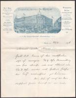 1898 Német nyelvű kézzel írott levél, Central-Hotel Berlin fejléces papírja