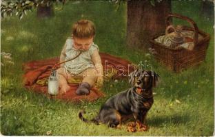 Ein treuer Wächter. Deutsche Meister No. 4406. / Dog and child s: Steinmetz Noris