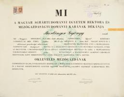 1948 Debreceni egyetem okleveles mezőgazda diploma Kossuth címerrel 60x50 cm Szakadással, megviselt tokkal.