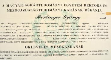 1948 Debreceni egyetem okleveles mezőgazda diploma Kossuth címerrel 60x50 cm Szakadással, megviselt ...
