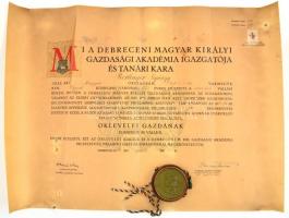 1944 Debreceni egyetem okleveles mezőgazda diploma függő, angyalos viaszpecséttel 60x50 cm Megviselt tokkal, szakadással