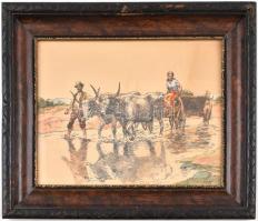 Hegyi jelzéssel. Ökrösfogat. Vegyes technika, papír. Jelzett, Üvegezett keretben. 26x32 cm