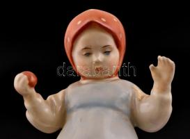 Zsolnay macskával játszó gyermek. Kézzel festett, jelzett, letörés a hüvelykujjon. 15 cm