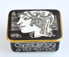 Hollóházi Szász Endre által tervezett mintával díszített porcelán dobozka, matricás, jelzett, hibátlan, 9×7×4 cm