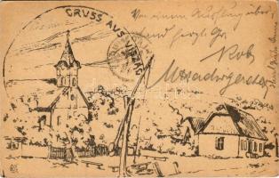 1903 Krassóviszák, Viszág, Visag; saját kézzel rajzolt művészlap, templom / hand-drawn art postcard, church. Art Nouveau (EK)
