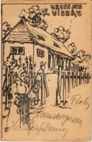 1903 Krassóviszák, Viszág, Visag; saját kézzel rajzolt művészlap, fonó asszony / hand-drawn art postcard, folklore, spinning woman. Art Nouveau (EK)
