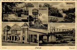 1937 Szolnok, Park, Hotel Tisza szálloda, Országzászló, Víztorony, Művészkert, Színház, Tisza híd