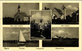1942 Agárd (Gárdony), Római katolikus templom, Református templom, Országzászló, Tó, vitorlás, Halászcsárda (EB)