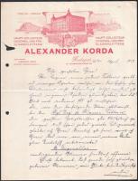 1913 Bp., Alexander Korda Haupt-Collecteur der Königl. Ung. Priv. Klassenlotterie fejléces levélpapír, sérüléssel