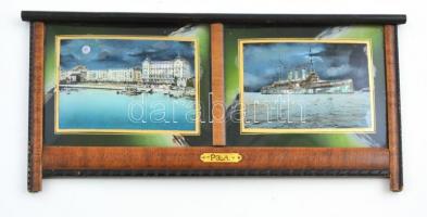 cca 1900 Pola kikötő és hajó, gyöngyházzal díszített képek hiányos üvegezett fa keretben, 18×39 cm