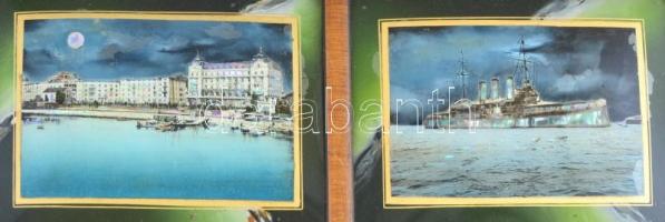 cca 1900 Pola kikötő és hajó, gyöngyházzal díszített képek hiányos üvegezett fa keretben, 18×39 cm