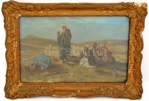 Jelzés nélkül: Sivatagi jelenet. Olaj, karton, üvegezett, sérült díszes fa keretben, 33x50 cm