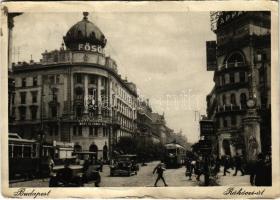 1930 Budapest VIII. Rákóczi út (Blaha Lujza tér), villamos Harang szappan reklámmal, Fanto benzin, Gyógyszertár, automobil (gyűrődés / crease)