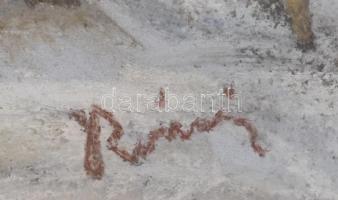 Rónai jelzéssel: Télen. Vegyes technika, karton, hátoldalán vázlattal. Üvegezett fa keretben. 29×39 ...