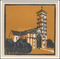 Kós Károly (1883-1977): Templom, színes linómetszet, papír, jelzés nélkül, paszpartuban, 10x10 cm