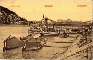 1911 Budapest, Dunarészlet, halászcsónakok, gőzhajó, Erzsébet híd