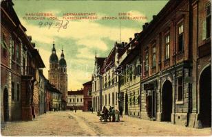 1909 Nagyszeben, Hermannstadt, Sibiu; Mészáros (Fleischer) utca, üzletek / Fleischergasse / street, shops