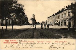 1905 Nagykikinda, Velika Kikinda; Ferenc József tér, könyvkereskedés üzlete / square, shop