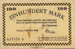 Német Birodalom/Weimari Köztársaság/Goslar 1922. 100M T:III-