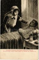 Katonák őrangyala a fájó sebeket lysoformmal mossa ki  / WWI K.u.k. (Austro-Hungarian) military art postcard. Lysoform advertisement with Red Cross nurse + "1916 IV. Károly király koronázása napján" So. Stpl