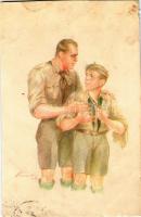 A cserkész készségesen engedelmeskedik. A Magyar Cserkészszövetség kiadása / Hungarian boy scout art postcard s: Márton L. (vágott / cut)