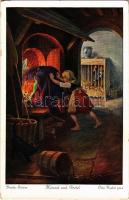 Hansel und Gretel. Brüder Grimm / Brothers Grimm folk fairy tale art postcard. Uvachrom Nr. 3716. Serie 125. s: O. Herrfurth, Jancsi és Juliska, Grimm testvérek művész képeslap. Uvachrom Nr. 3716. Serie 125. s: O. Herrfurth