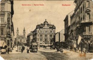 1910 Budapest VIII. Baross utca, Bodó kávéház, villamos, Tachtler étterme, vasüzlet, Korányi és Fröhlich redőnygyára, Józsefvárosi Népkör (EM)