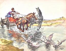 Kovács Antal (?-?): Vágtató lovasszekér. Akvarell-tus, papír, jelzett, 25x33 cm (sarkán gyűrődéssel)