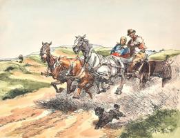 Kovács Antal (?-?): Vágtató lovasszekér. Akvarell-tus, papír, jelzett, 25x33 cm