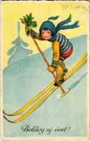 1932 Boldog Újévet! / New Year greeting with skier, winter sport (EK)