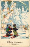 Boldog Karácsonyi Ünnepeket! / Christmas greeting with skiers, winter sport. Amag 3421. (fl)