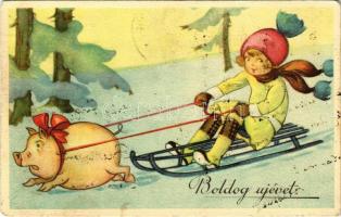 1936 Boldog Újévet! / New Year greeting with child on a pig-drawn sled, winter sport (EB)