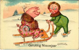 1927 Gelukkig Nieuwjaar! / New Year greeting with pig on a sled, ice skate, winter sport s: Martin Growald (EK)