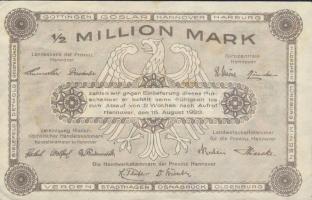 Német Birodalom/Weimari Köztársaság/Hannover 1923.8.15. 1/2 Million M T:I- foltos