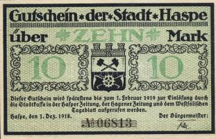 Német Birodalom/Weimari Köztársaság/Haspe 1918.12.1 10M T:I