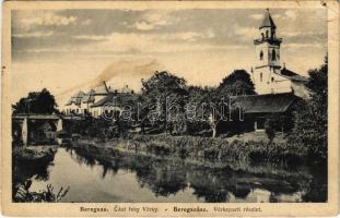Beregszász, Beregovo, Berehove; Vérke-parti rész, templom, híd. Schönberger kiadása / Verke riverbank, church, bridge (lyuk / pinhole)