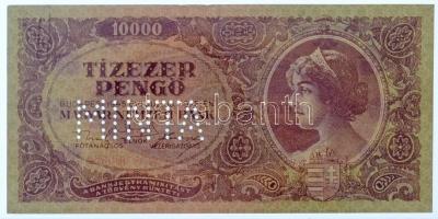 1945. 10.000P "MINTA" perforációval, piros "M000-000000" sorozat- és sorszámmal (170x82mm) T:II-középen egy erős hajtás, vele párhuzamosan felül egy kb. 15mm-es, alul egy kb. 5mm-es, felső szélen és a sarkoknál kisebb törések, kopások, rozsdás gemkapocs nyoma Hungary 1945. 100.000P with "MINTA (SPECIMEN)" perforation, red "M000-000000" serial number (170x82mm) C:VF in the middle one strong fold, in paralell with it a ~15mm fold above and a ~5mm one at the bottom, small bends and wears on the upper edge and corners, trace of rusty paper clip Adamo P23AM1a