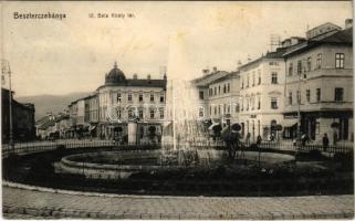 1914 Besztercebánya, Banská Bystrica; IV. Béla király tér, Nemzeti szálló, szökőkút, Holesch Árpád és Kohn J. üzlete / square, fountain, hotel, shops