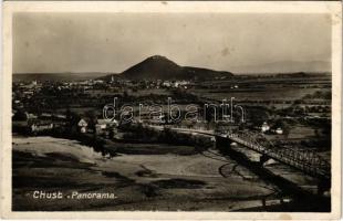 1930 Huszt, Chust, Khust; Panorama / látkép, híd, vár. Jozef Belza kiadása / general view, bridge, castle + kétnyelvű bélyegző / bilingual cancellation (fl)