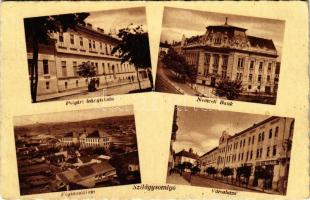 1945 Szilágysomlyó, Simleu Silvaniei; Polgári leányiskola, Nemzeti Bank, Főgimnázium, Városháza, Gidáli üzlete. Burkos Foto / girls school, bank, high school, town hall, shops (EK)