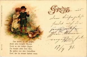 1898 Das Leben ist ein Jagen.. / Hunter boy with girl and rabbit. Kunstverlag Emil Dotzert Serie 138. litho, 1898 Vadász fiú, lánnyal. Kunstverlag Emil Dotzert Serie 138. litho