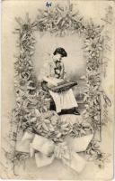 1907 Lady with zither. Art Nouveau, floral (EK)