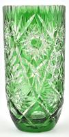 Zöld ólomkristály üveg váza, apró kopásnyomokkal, m: 25, d: 12,5 cm