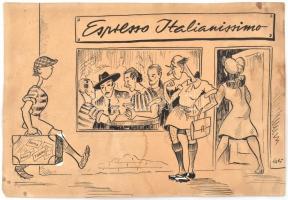 Egri László (1910-1974): Espresso italianissimo. Karikatúra. Vegyes technika, papír. Jelzett. 18x26 cm