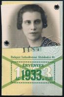 1933 Budapest Székesfőváros Közlekedési Rt. (BSzKrt) fényképesigazolvány, éves bérlet.