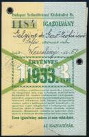 1933 Budapest Székesfőváros Közlekedési Rt. (BSzKrt) fényképesigazolvány, éves bérlet.