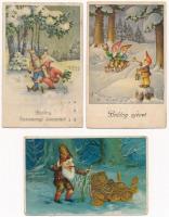 3 db RÉGI motívum képeslap: törpés üdvözlő, egy lithoval / 3 pre-1945 motive postcards: dwarf greetings, 1 litho