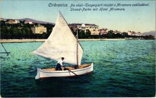 Crikvenica, Cirkvenica; Tengerparti részlet a Miramare szállodával / hotel, fishing boat
